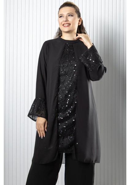 Taş Payet Işlemeli Şifon Pantalon Tunik Takım Siyah FHM966 fiyatları