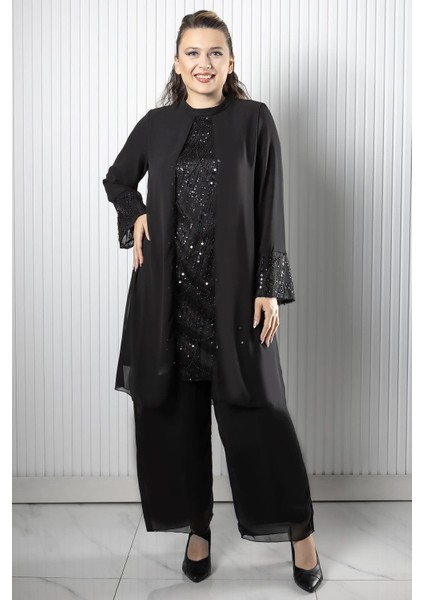 Taş Payet Işlemeli Şifon Pantalon Tunik Takım Siyah FHM966 modelleri