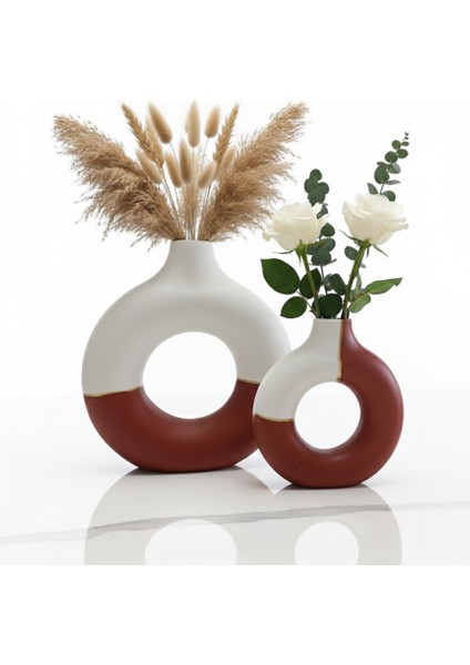 Dekoratif Soyut Desenli Donut Halka Vazo Seti (2'li) - Bohem Modern Ev,ofis ve Hediyelik Dekor Vazosu modelleri