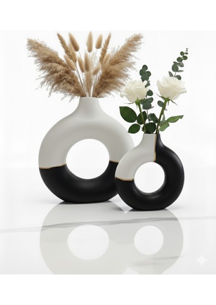 Dekoratif Soyut Desenli Donut Halka Vazo Seti (2'li) - Bohem Modern Ev,ofis ve Hediyelik Dekor Vazosu fırsatları