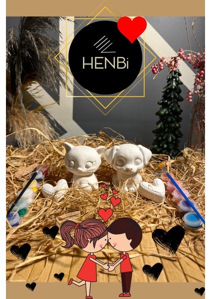 Sevgiliyle Boyama Etkinliği (3d) Sevgili Hediyelik Biblo Kedi ve Köpek1 Konsept Taş Boyama Seti