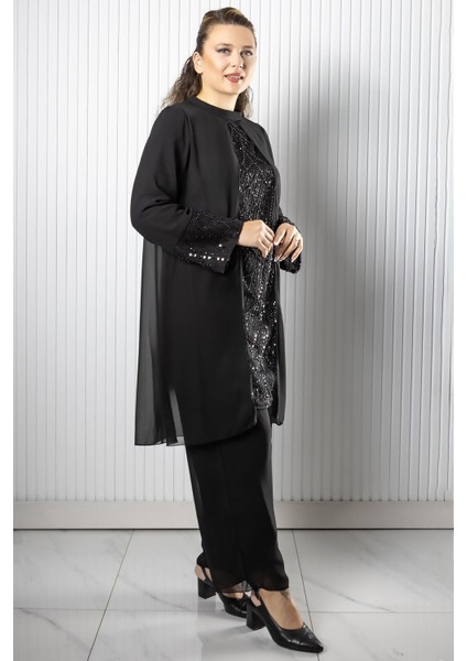 Taş Payet Işlemeli Şifon Pantalon Tunik Takım Siyah FHM966 fırsatları