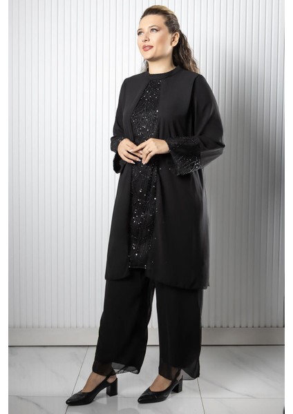 Taş Payet Işlemeli Şifon Pantalon Tunik Takım Siyah FHM966 indirimleri