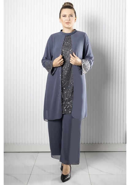 Taş Payet İşlemeli Şifon Pantalon Tunik Takım Gri FHM966