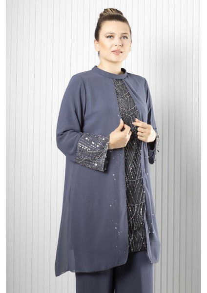 Taş Payet İşlemeli Şifon Pantalon Tunik Takım Gri FHM966 fiyatları