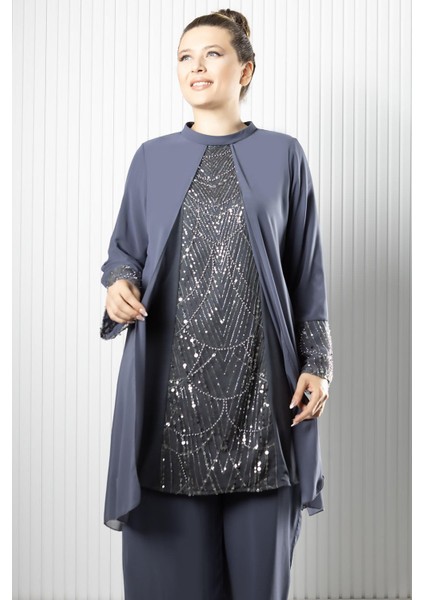 Taş Payet İşlemeli Şifon Pantalon Tunik Takım Gri FHM966 modelleri