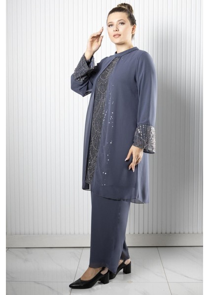 Taş Payet İşlemeli Şifon Pantalon Tunik Takım Gri FHM966 fırsatları