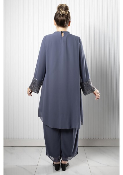Taş Payet İşlemeli Şifon Pantalon Tunik Takım Gri FHM966 indirimleri
