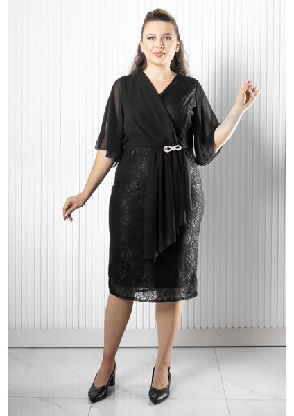 Şifon Detaylı Abiye Elbise Siyah MDV390