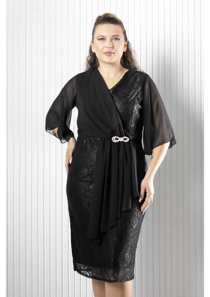 Şifon Detaylı Abiye Elbise Siyah MDV390 fiyatları