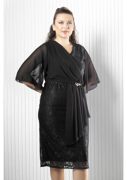 Şifon Detaylı Abiye Elbise Siyah MDV390 modelleri