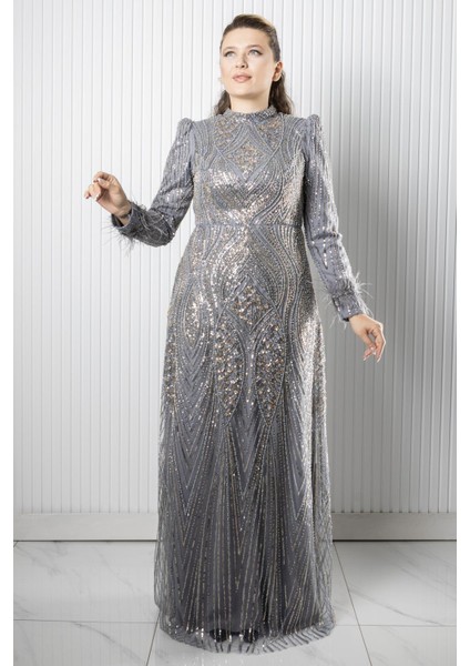 Taş Payet Işlemeli Abiye Gri AHN270