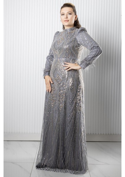 Taş Payet Işlemeli Abiye Gri AHN270 modelleri