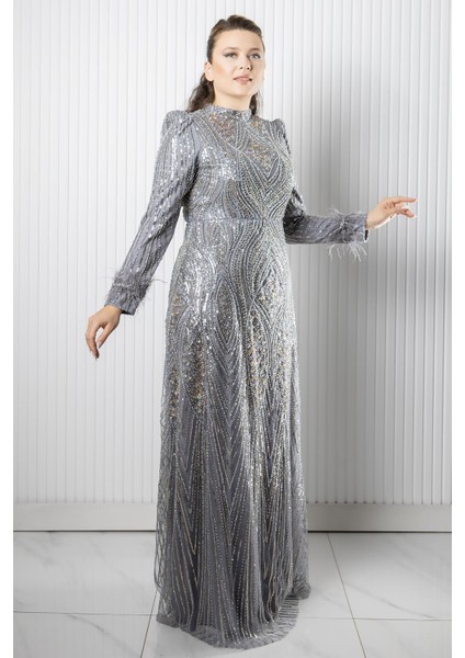 Taş Payet Işlemeli Abiye Gri AHN270 fırsatları