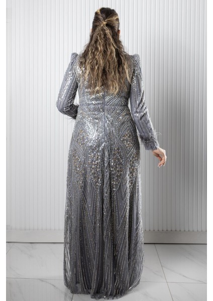 Taş Payet Işlemeli Abiye Gri AHN270 indirimleri