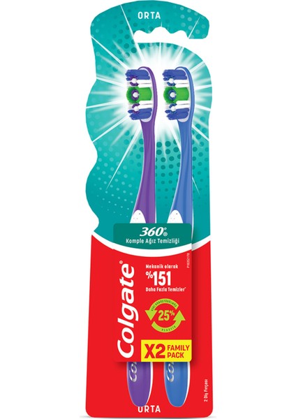 360 Komple Ağız Temizliği Orta Diş Fırçası 1+1
