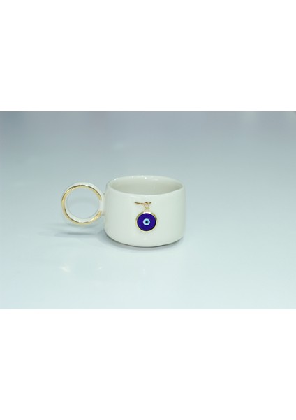 Mavi Boncuklu Çay / Nescafe Fincanı 24 Ayar Altın Dekorlu