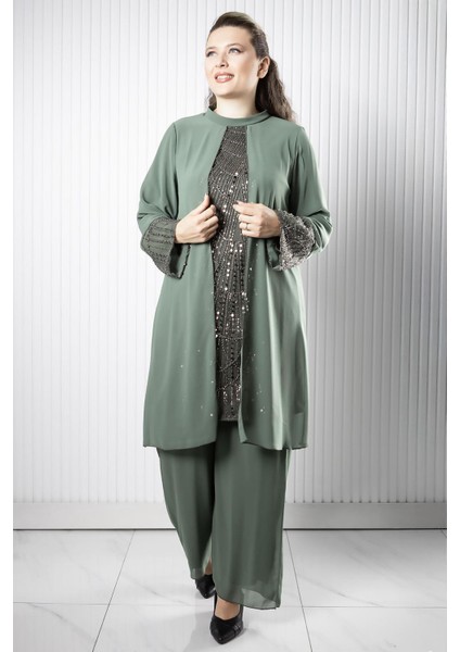 Taş Payet Işlemeli Şifon Pantalon Tunik Takım Haki FHM966