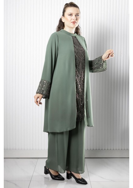 Taş Payet Işlemeli Şifon Pantalon Tunik Takım Haki FHM966 modelleri