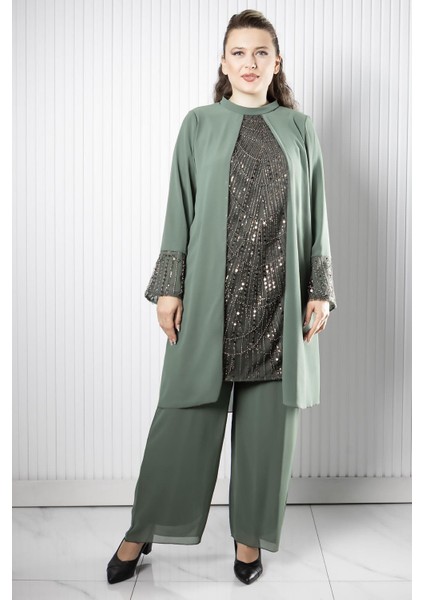 Taş Payet Işlemeli Şifon Pantalon Tunik Takım Haki FHM966 fırsatları