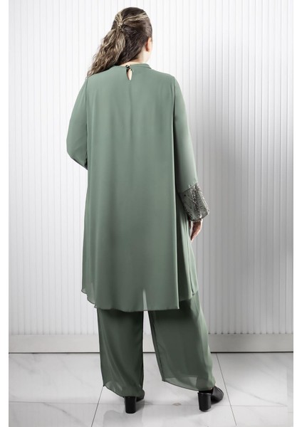 Taş Payet Işlemeli Şifon Pantalon Tunik Takım Haki FHM966 indirimleri