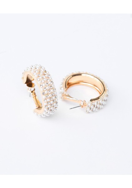 Altın Rengi Inci ve Taş Detaylı Zarif Halka Küpe