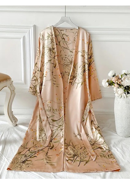 Zarif Çiçek Desenli Saten Bornozu Tüm Mevsimler Için Uygun Uyku Giyimi Sabahlık/gecelik indirimleri