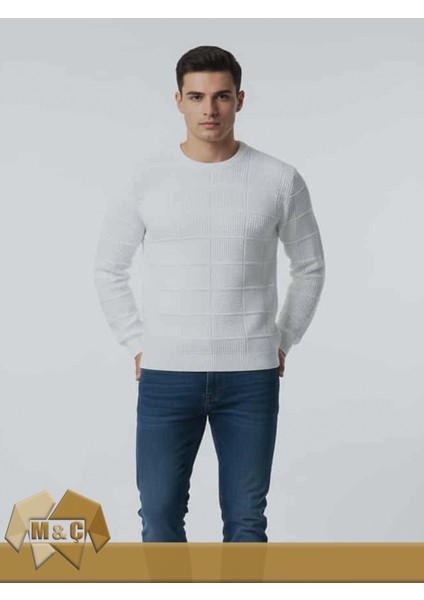 Bisklet Yaka Erkek Triko Beyaz Kazak Silim Kalıbı