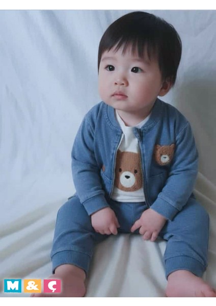 3lü Kombin Kız Erkek Bebek Ayıcık Pelüş Deseni Ceket Sweatshirt ve Pantolon Şık Tasarım Jean Takım