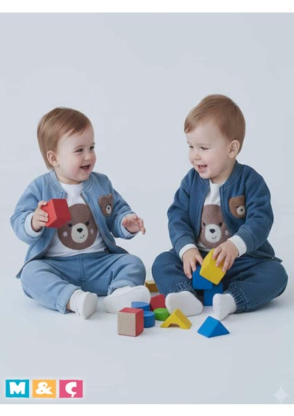 3lü Kombin Kız Erkek Bebek Ayıcık Pelüş Deseni Ceket Sweatshirt ve Pantolon Şık Tasarım Jean Takım