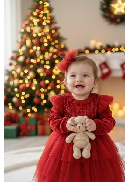 Kız Çocuk Yılbaşı Elbisesi Pamuk Kadife Toka Hediye Party Özel Gün Düğün Elbisesi 6 - 24 Ay Arası