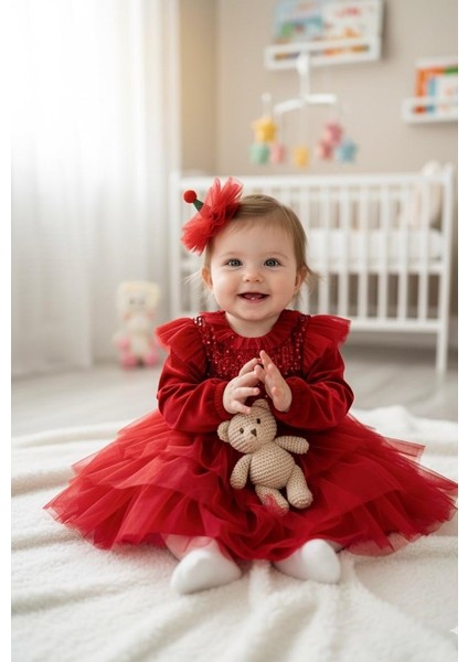 Kız Çocuk Yılbaşı Elbisesi Pamuk Kadife Toka Hediye Party Özel Gün Düğün Elbisesi 6 - 24 Ay Arası modelleri