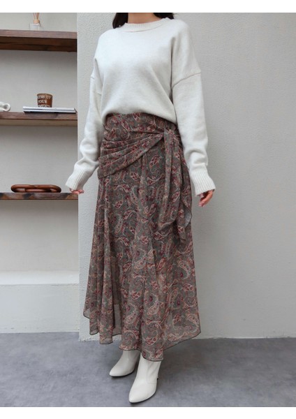 Etnik Desen Bağlamalı Şifon Etek