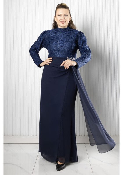 Dantel Şifon Abiye Elbise Lacivert FHM958