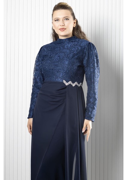 Dantel Şifon Abiye Elbise Lacivert FHM958 fiyatları