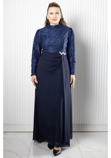 Dantel Şifon Abiye Elbise Lacivert FHM958 modelleri