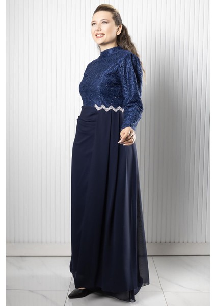 Dantel Şifon Abiye Elbise Lacivert FHM958 fırsatları