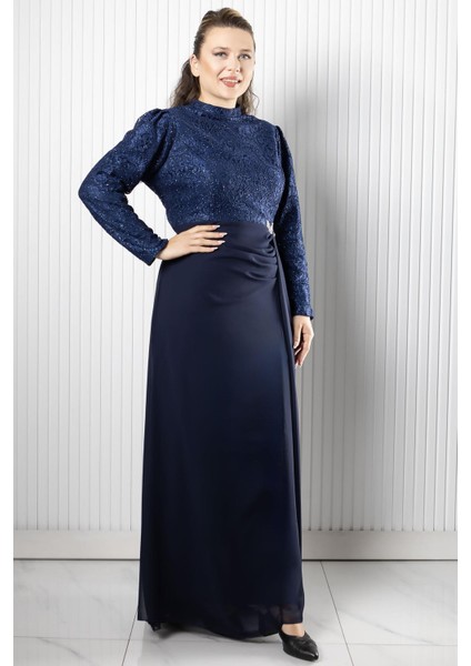Dantel Şifon Abiye Elbise Lacivert FHM958 indirimleri