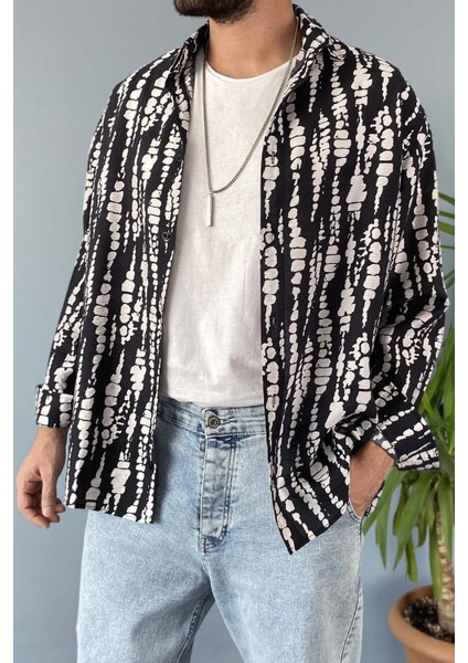 Siyah Desenli Uzun Kollu Oversize Gömlek
