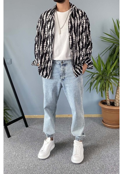 Siyah Desenli Uzun Kollu Oversize Gömlek fiyatları