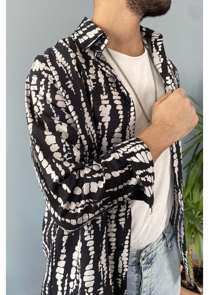 Siyah Desenli Uzun Kollu Oversize Gömlek modelleri