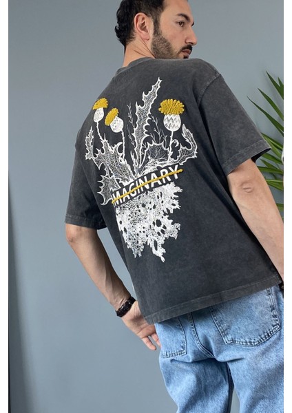 Bisiklet Yaka Imaginary Yıkamalı Oversize Antrasit Tişört
