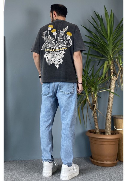 Bisiklet Yaka Imaginary Yıkamalı Oversize Antrasit Tişört indirimleri