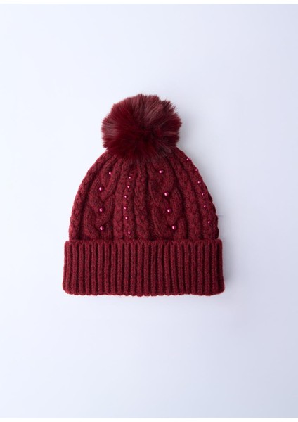 Kırmızı Saç Örgü Desenli Boncuklu Ponpon Detaylı Bere