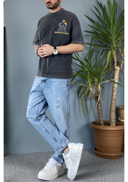 Bisiklet Yaka Imaginary Yıkamalı Oversize Antrasit Tişört modelleri