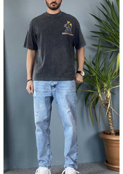 Bisiklet Yaka Imaginary Yıkamalı Oversize Antrasit Tişört fırsatları