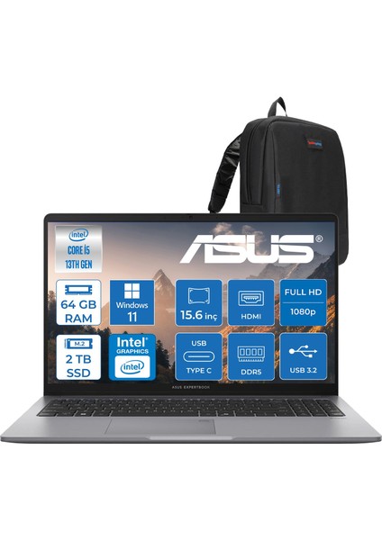 Expertbook B1 B1503CVA-S75437 Intel I5-13420H 64GB Ddr5 2tb SSD 15.6"fhd (1920 x 1080) WIN11HOME Taşınabilir Bilgisayar S75437H24+ZETTAÇANTA