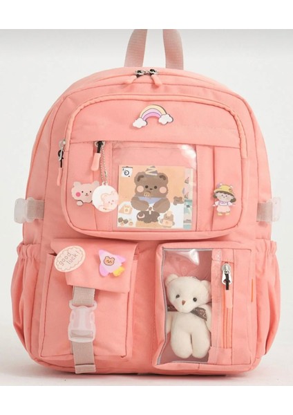 Kore Tarzı Okul Çantası Aksesuarlı Kız Çocuk ve Erkek Çocuk Sırt Çantası Pudra