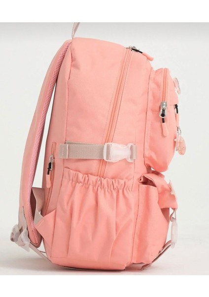 Kore Tarzı Okul Çantası Aksesuarlı Kız Çocuk ve Erkek Çocuk Sırt Çantası Pudra modelleri