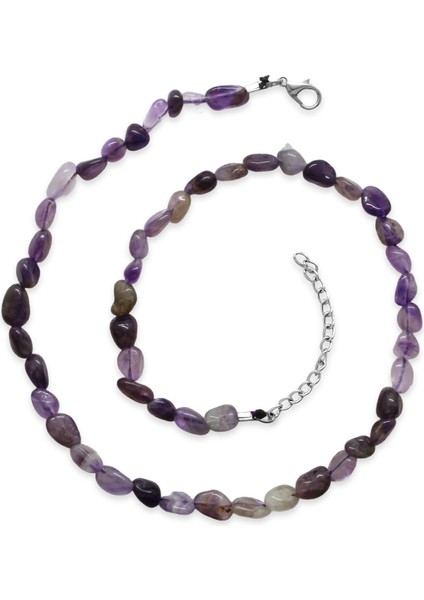 Gümüş Renk Metal Zincirli Amorf Ametist Doğaltaş Kadın Kolye
